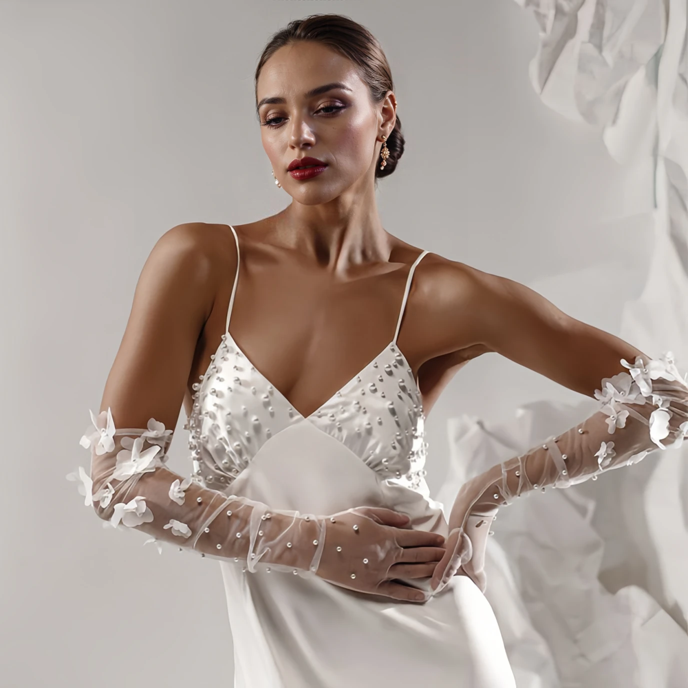 Wedding Bride Gloves Pearls Beaded Elbow Covers Arms Sleeves Long 1 Pair wedding dress gloves wedding sleeve accessories