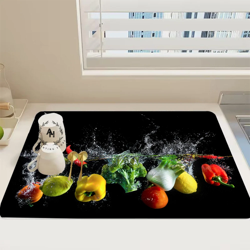 Fruit And Vegetable Printed Tableware Placemat Kitchen Drain Pad Dish  Drying Mat Tableware Draining Pad Kitchen Decoraction Rugs