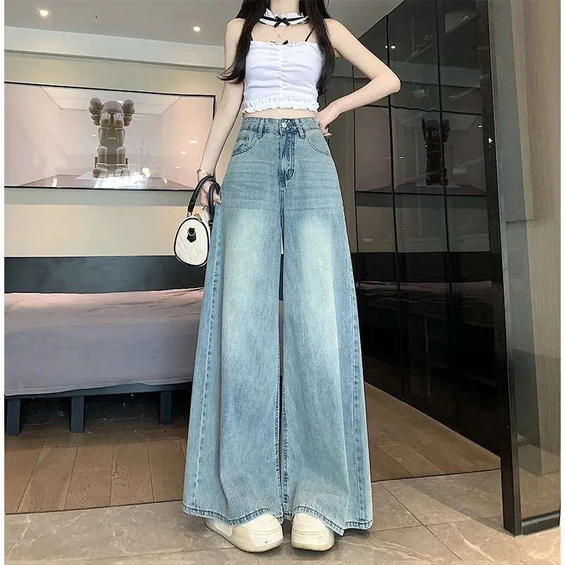 

High Waist Wide Leg Jeans Women's Summer New Fashion Thin Crotch Covering Slimming Plus Size Legs Loose Denim Trousers