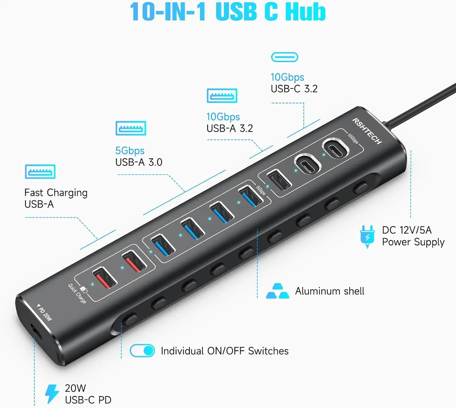 RSHTECH 20W USB C PD Fast Charging 10-Port USB Hub with 10Gbps Data Transfer Aluminum USB Splitter for Laptop PC Computers 2