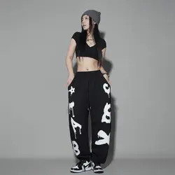 Hip Hop Vintage Women Loose Wide Leg Pants Spring Summer New Thin Letter Elastic Waist Dance Streetwear Sports Casual Trousers