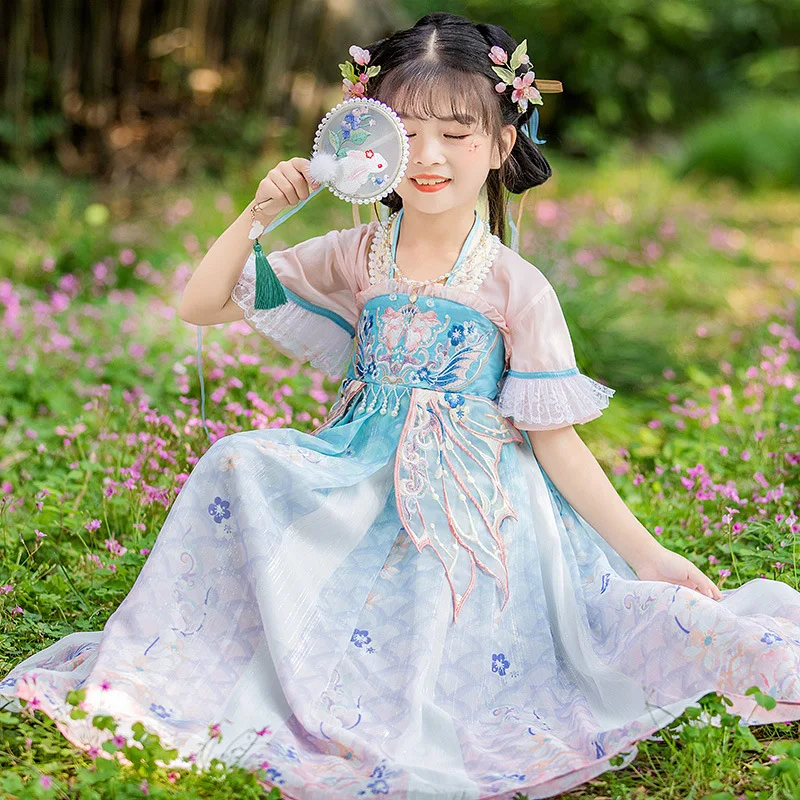 

2022 Ancient Girls Blue Floral Embroidery Hanfu Kids Chinese Summer Short Sleeve Dress Fairies Tang Dynasty Costume