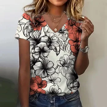 T-shirt Summer Women Clothing Fashion V-neck Short Sleeve Floral Print Top Casual Loose Clothing Dating Elegant Women T-shirt 1
