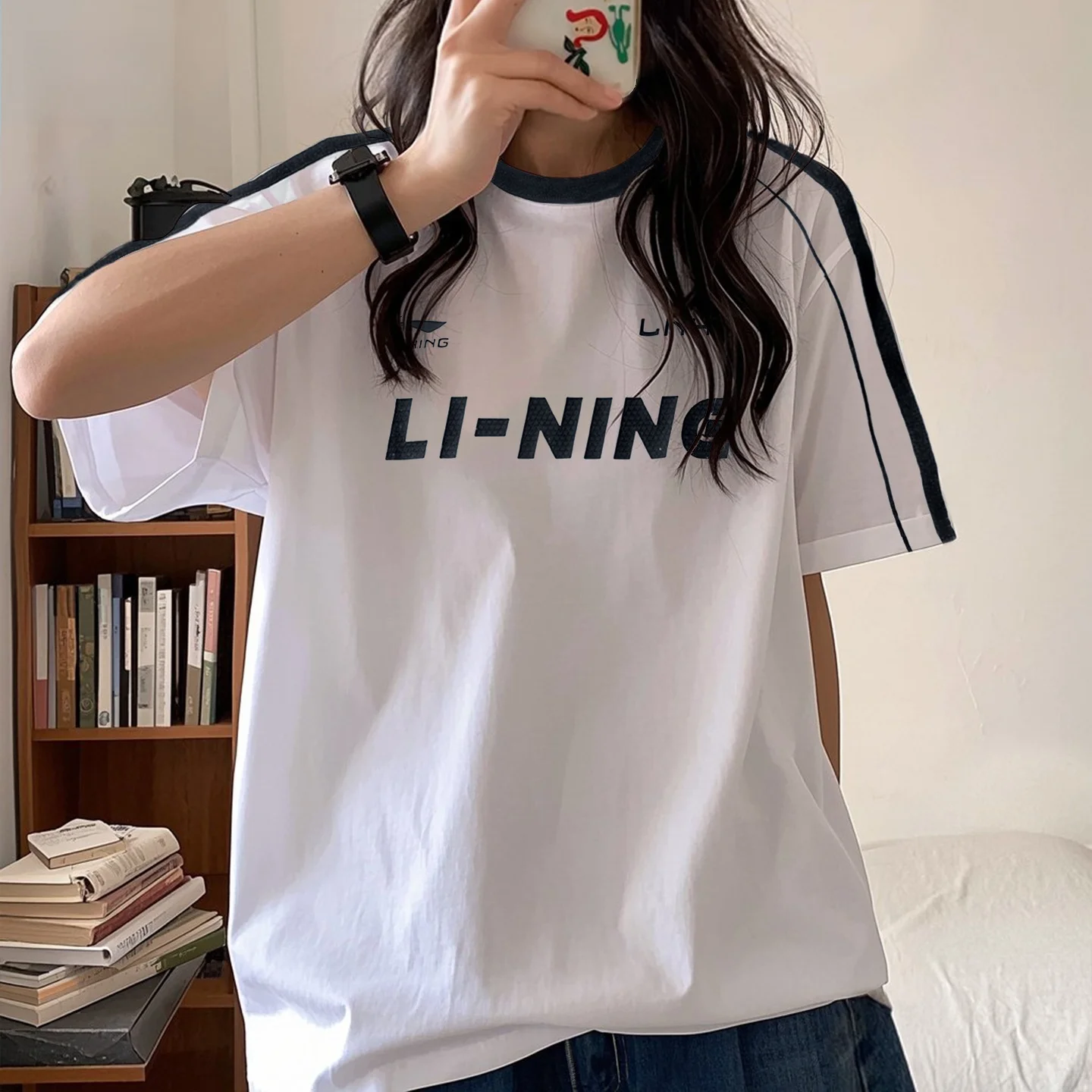 리닝 남성 반팔 티셔츠 통기성 좋은 순면 루즈핏 여름 캐주얼 라운드넥 프린트 디자인 스포츠웨어