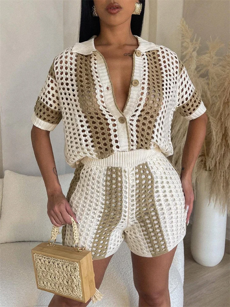 Hollowed Crochet Single-breasted Shirt Dress