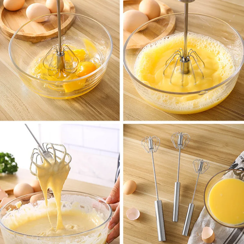 Egg beater Rotary whisk Semi-automatic Egg Beater Stainless Steel Whisk Manual Press Type Rotary Egg Beater Self Turning Stirrer Kitchen Accessories