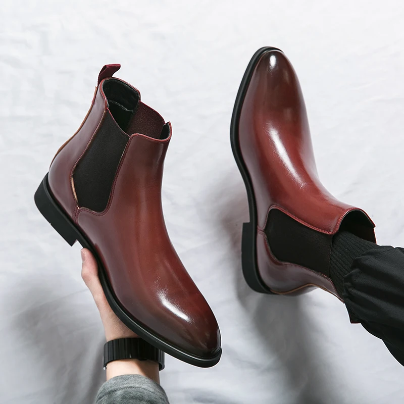 Men New Chelsea Boots Pointed Red Leather Shoes Anti slip and Wear resistant High Quality Ankle Boots Size 38-46 Men boots