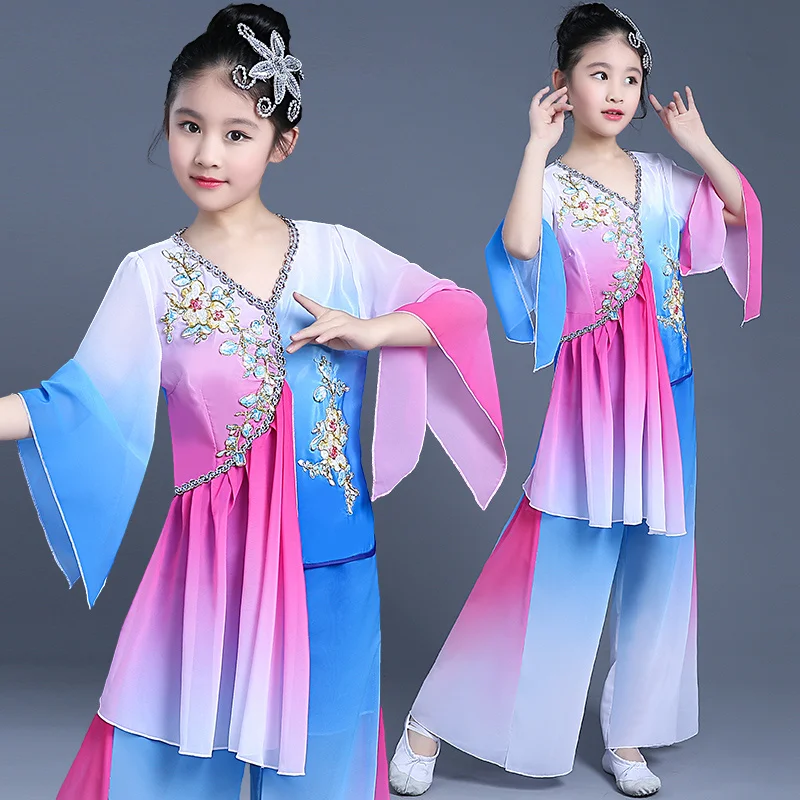 

New Children's Classical Dance Performance Clothing Girls' Umbrella Dance Fan Dance Performance Clothing Elegant Folk dance