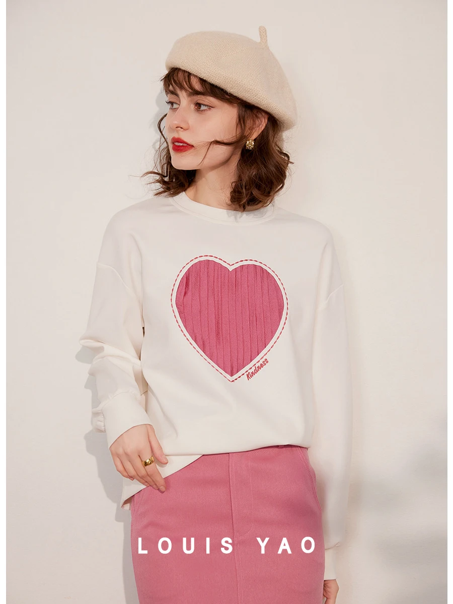 LOUIS YAO Women Sweatshirt Round Neck Long Sleeve 2024 Spring New Drop Shoulder Sleeve Loose Fit Casual Love Shape Pullover Top