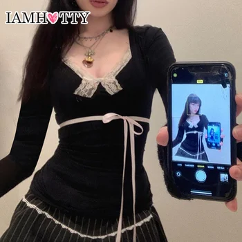 IAMHOTTY 여성용 레이스 패치워크 상의, Y2K 대비 색상, 용수철 리본 레이스업 활 코케트 티셔츠, 귀여운 캐주얼 기본 티, 가을