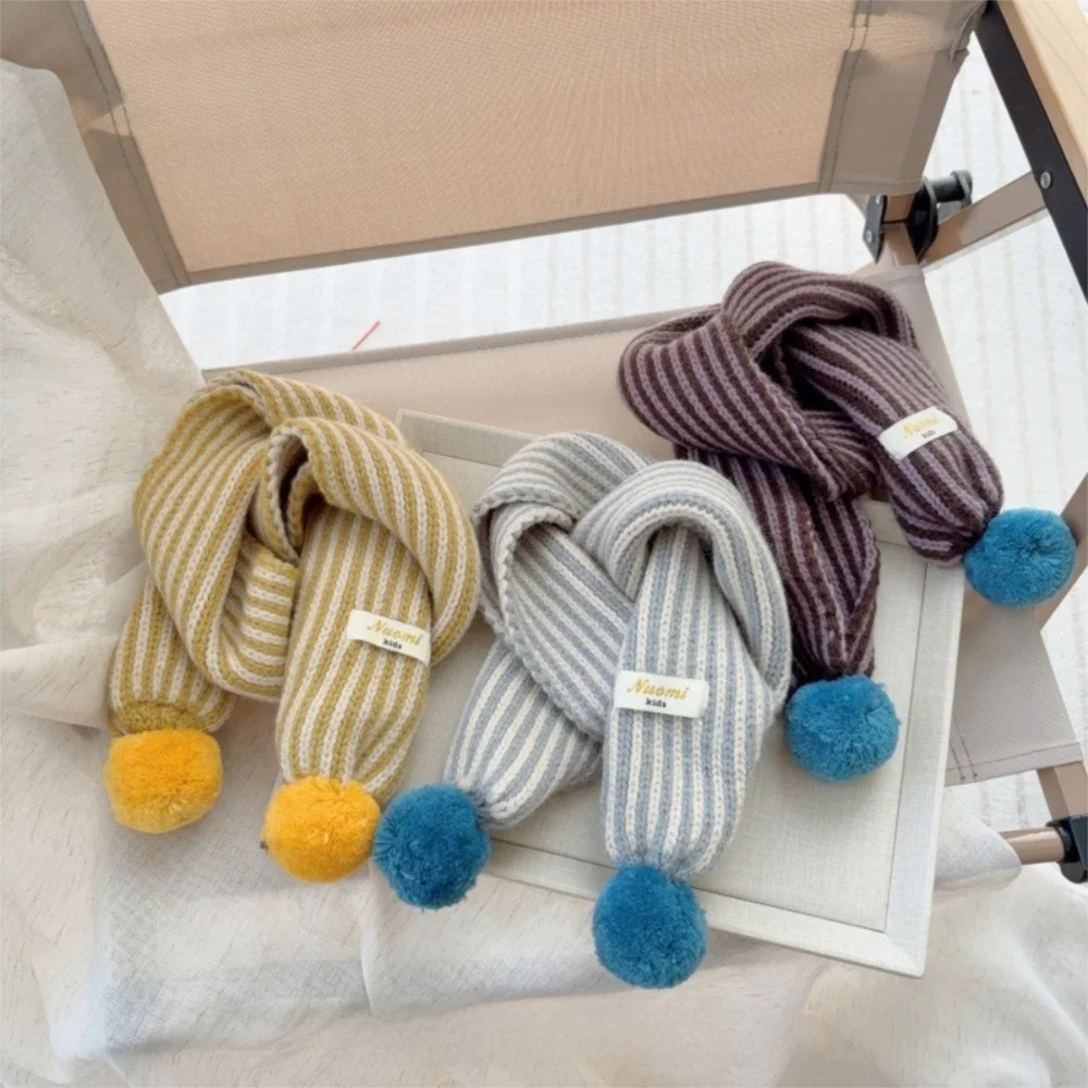 New Stripe Knitted Scarf Windproof Cold Proof Keep Warm Blanke Colorful Pom Pom Neck Warmer Winter