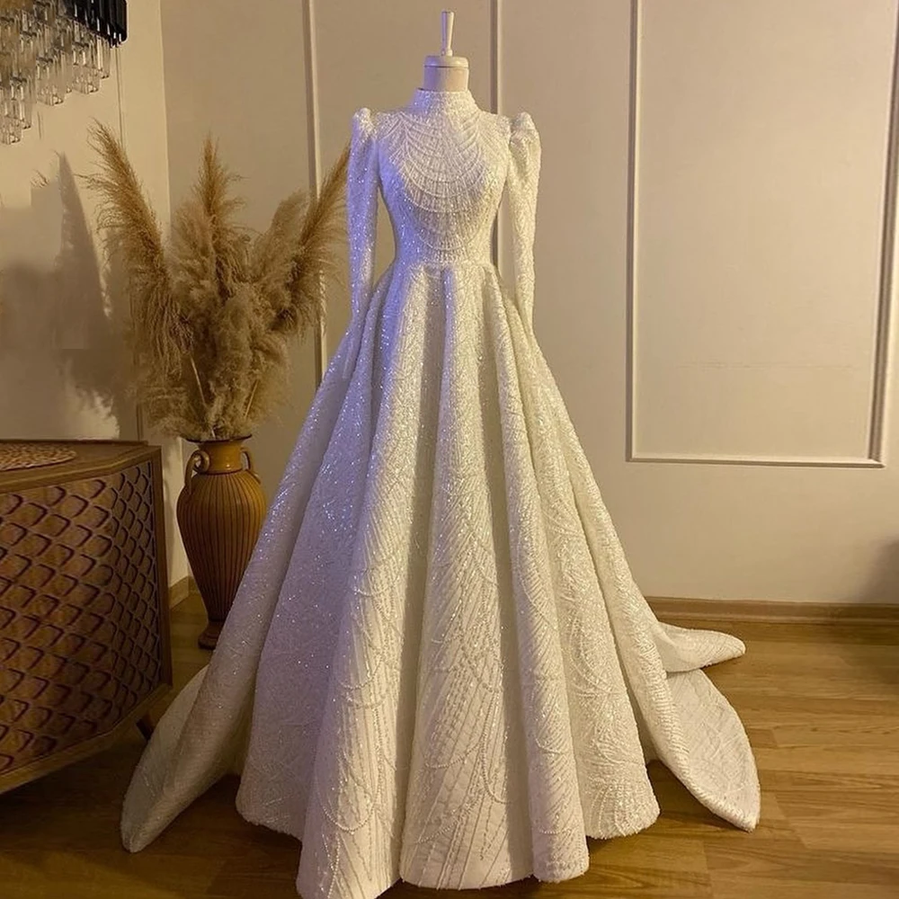Exquisite Beading Wedding Dress Muslim Bridal Gown High Neck Pearls Sequined A Line Islamic Bride Dresses Robe De Mariage 4