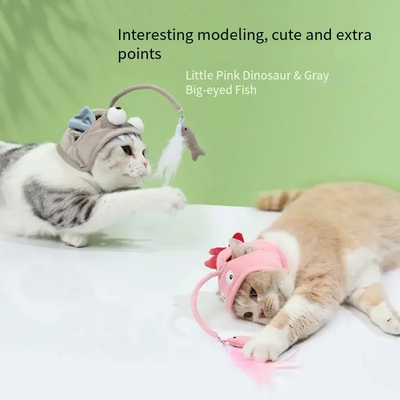 

Fashion Funny Gray Fish Cat Head Cover Pink Dinosaur Head Wearing Feathers Cats Teasing Stick Pet Self-hilarious Pet Toys