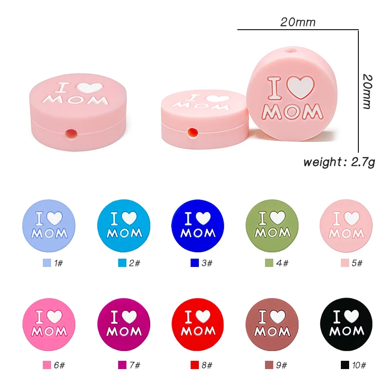 10pcs Silicone Love MOM Beads Kids Teething Toddler Toys Food Grade Silicone Teethers DIY Pacifier Toy Accessories Teething Toys Teething Beads Baby Silicone Accessories