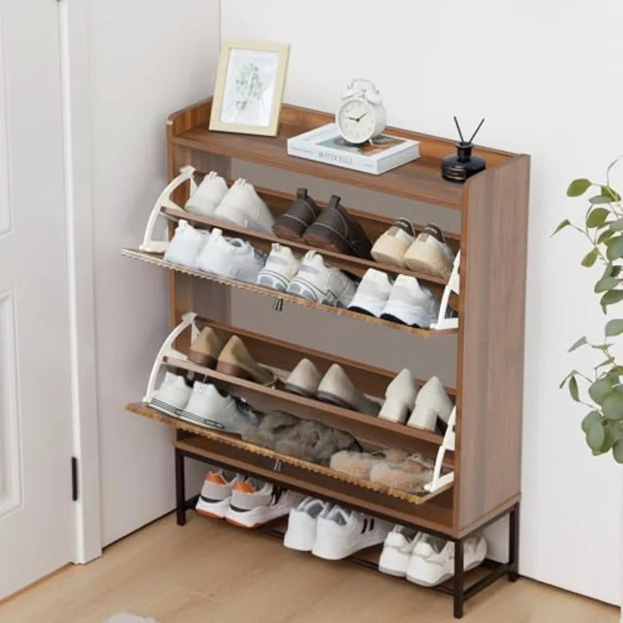 Fluted Shoe Cabinet for Entryway with 2 Flip Drawers Narrow Free Standing Shoe Storage Organizer Slim Wood Shoe Rack Cabinet wi