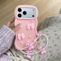 3D Cute Kawaii Bowknot Wavy Edge Phone Case with Pearl Chain Wrist Strap - iPhone 15 Plus (Pink)