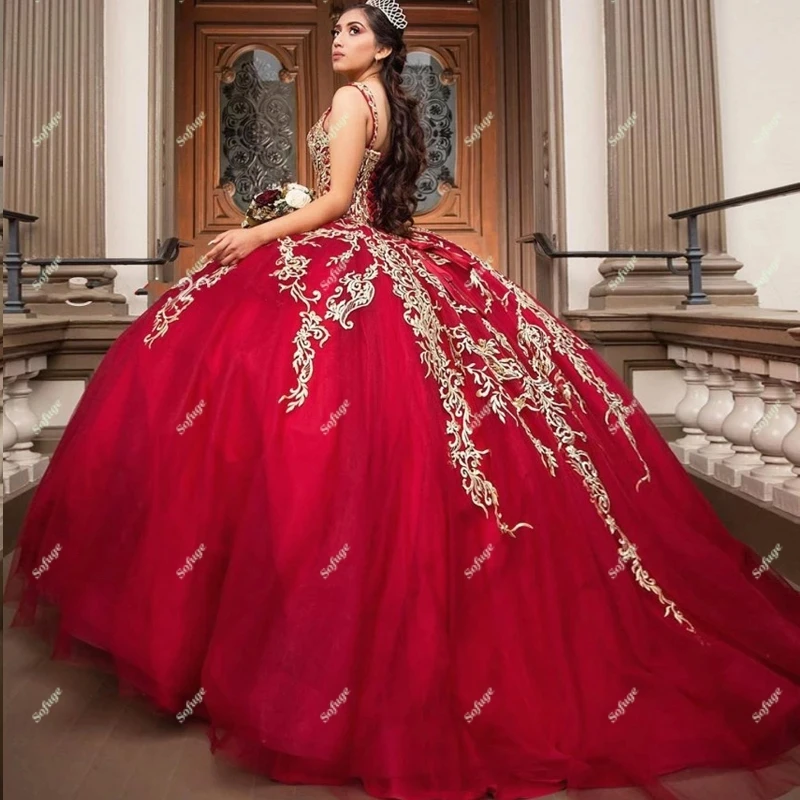 Red Tulle Appliques Ball Gown Puffy Pleat Quinceanera Dresses Corset Back Vestido 15 Anos Festa Graduation Plus Size quinceanera dresses