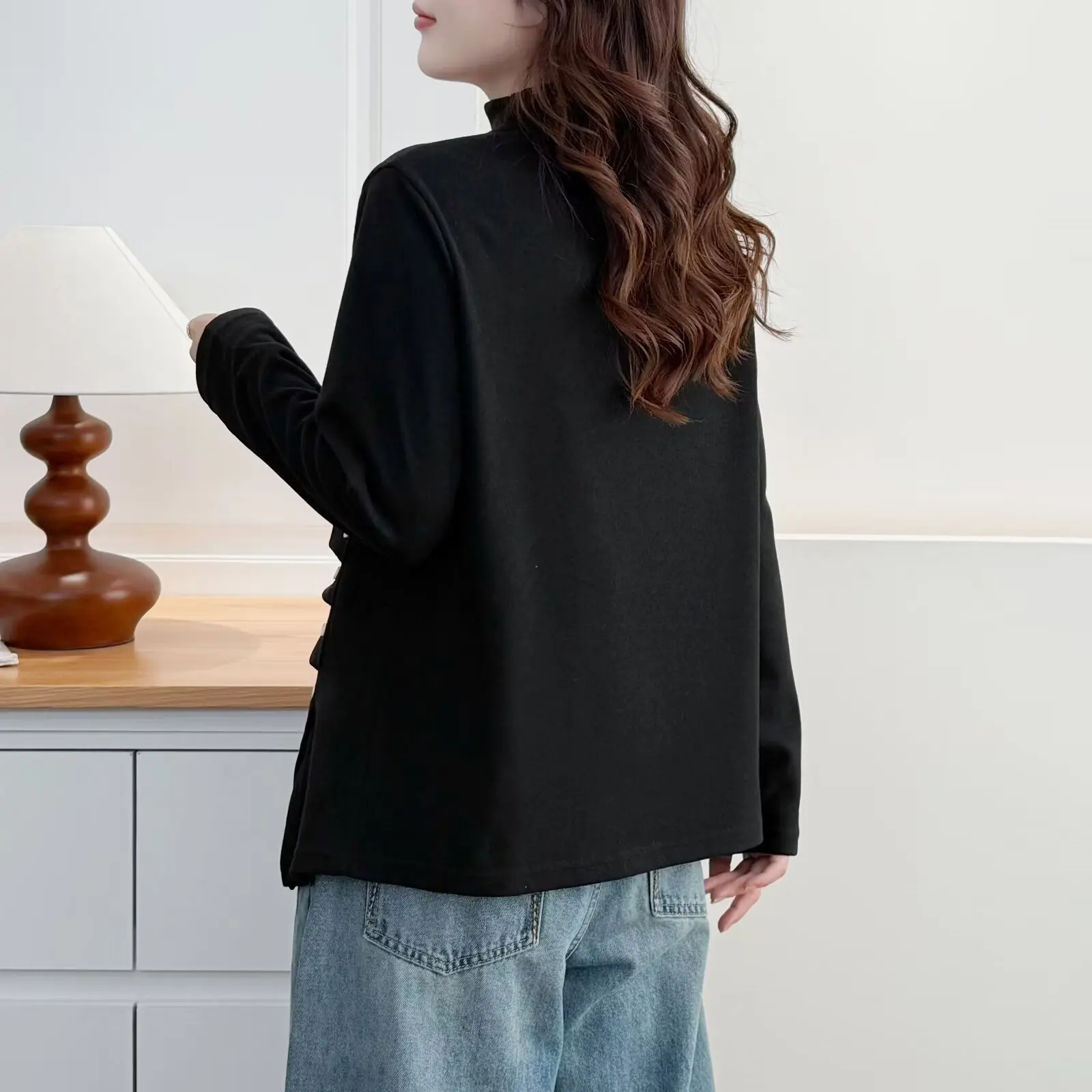 XXXXL Fashion Plus Size Women's T-Shirt New Autumn And Winter Style High Collar Pleated Slit Long Sleeved Tops 2521