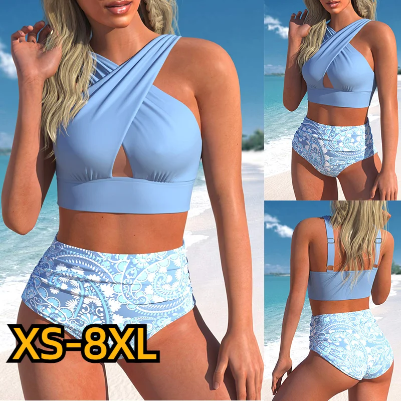 

2023 Women High Waist Tankini Summer New Design Printing Swimwear Swimsuit Bikini Bathing Suit Two Piece Set Beach Weart XS-8XL