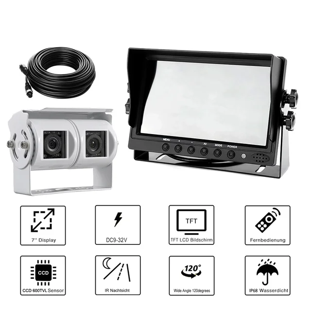 KIT RETROMARCIA AUTO POSTERIORE TELECAMERA NERA 18 LED INFRAROSSI MONITOR 7