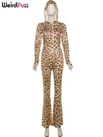Weird Puss Leopard Contrast Letter Print 2 Piece Set Women Hooded Full Sleeve Crop Jacket+Skinny Stretch Flare Pants Trend Suits - Image 6