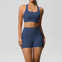 2 pièces vêtements de sport avec poche Yoga ensemble vêtements de sport costumes de Yoga pour femmes survêtements Shorts de sport soutien-gorge croisé Leggings de gymnastique 3