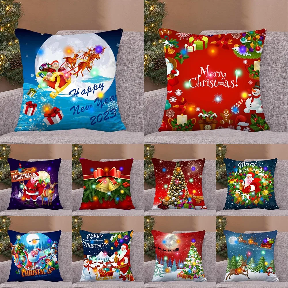 

LED Light Cushion Cover Christmas Decoration 2024 Throw Pillow Home Square Sofa New Year