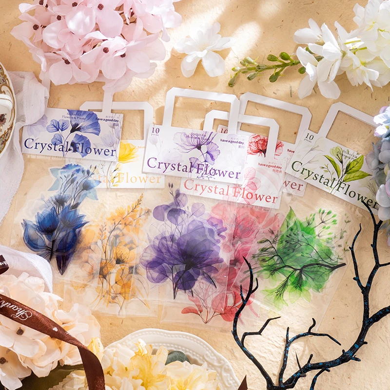 10 pcs/pack Sticker book PET stickers waterproof transparent dreamy Colorful flower plant DIY handbook decoration 6 designs