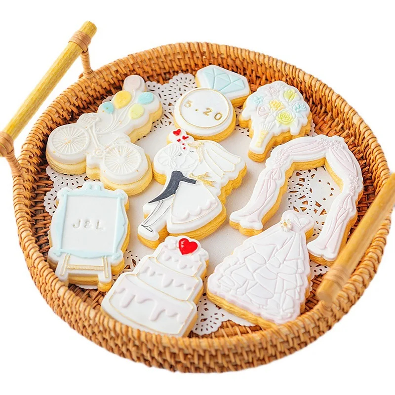 Cookie Press Stamp Happy Wedding Bride Ring Cake Decor Tool 3D Acrylic Fondant Sugar Craft Cutter DIY Baking Biscuit Pastry Mold