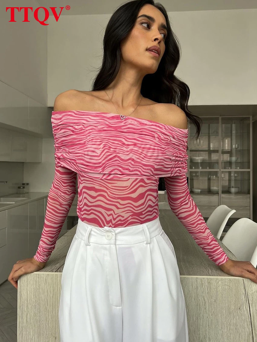 

TTQV Elegant Pink Knitted T Shirt For Women Autumn Slim Long Sleeve Off The Shoulder Female Top Casual Strapless Translucent Top