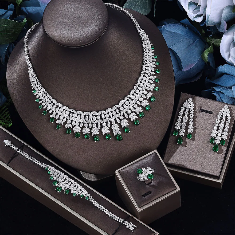 

Fashion Classic 4pcs Luxury Zircon Jewelry Sets For Women Bride Party Luxury Dubai Nigeria CZ Crystal Wedding Necklace Earrings