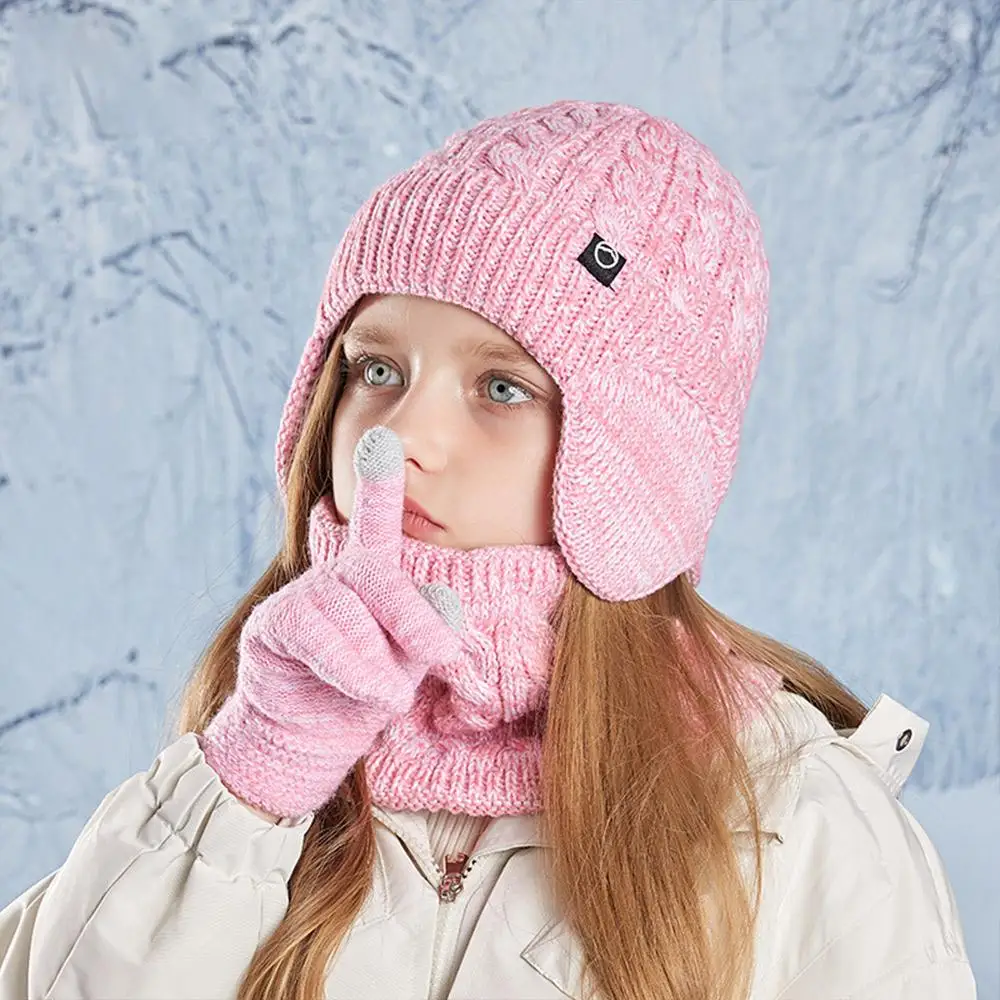 Fleece Lined Children's Hat Neck Scarf Gloves Set Winter Thick Neck Warmers Ear Protection Warm Touchscreen Gloves