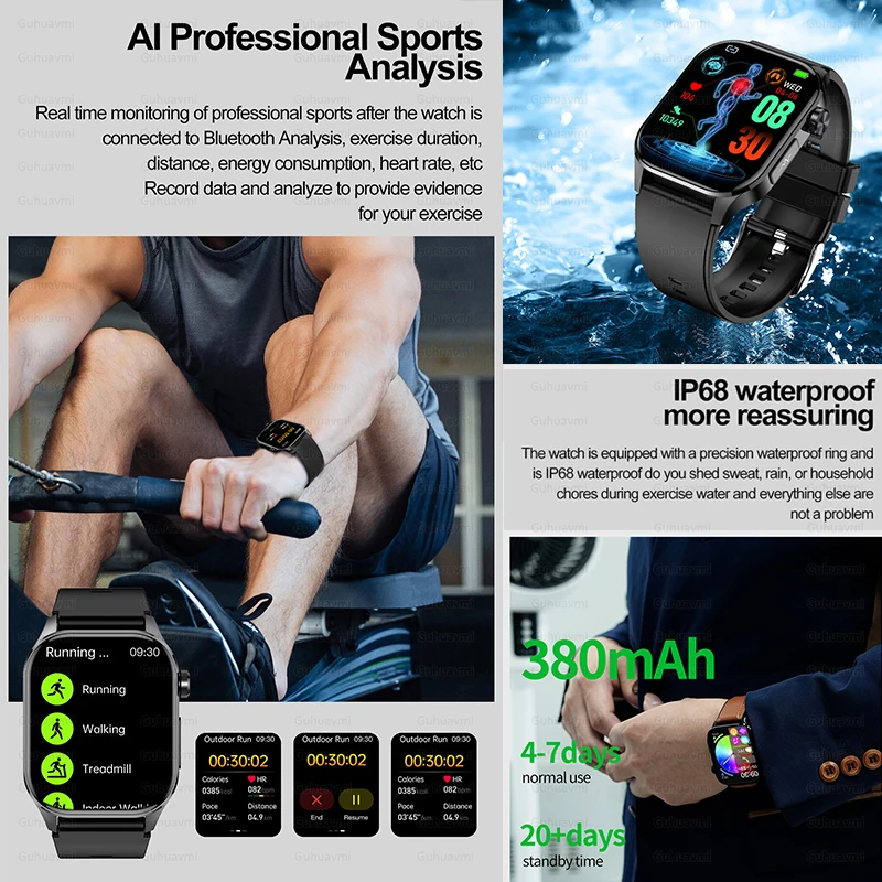 For Xiaomi Blood Lipids Uric Acid Monitor Health Smart Watch Men ECG+PPG Blood Pressure IP68 Waterproof Sport smart watch