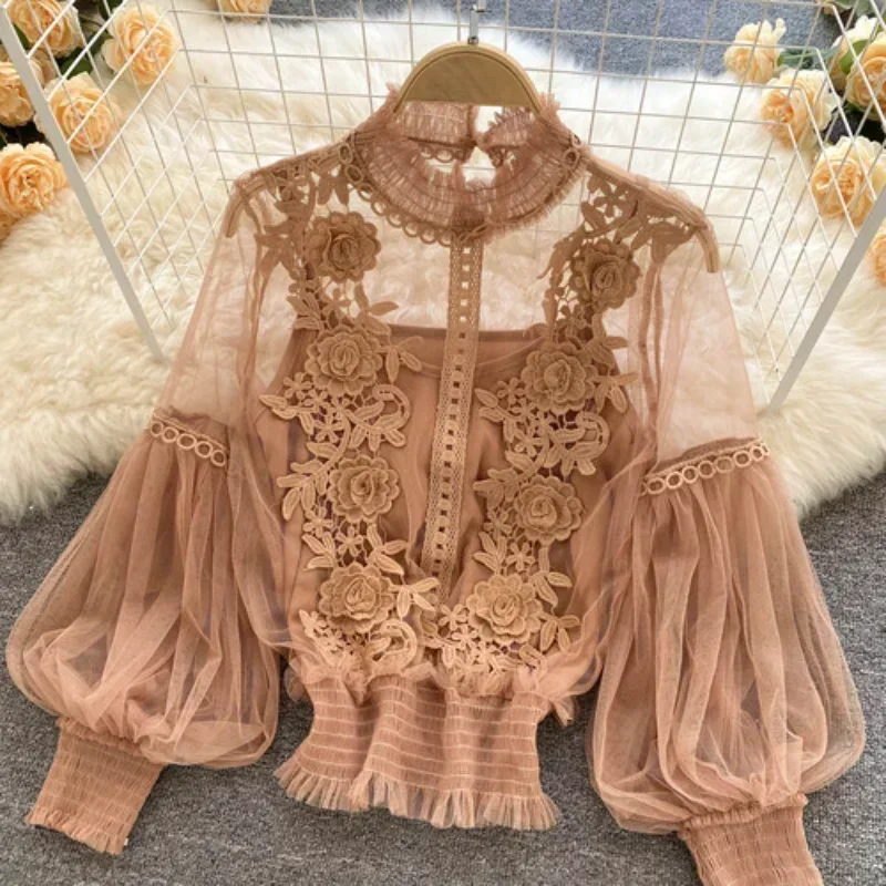 

Women Lace Folds Sexy Blouse Spring Summer Long SleeveV-Neck Fashion Gauze Hollow Out Slim Solid Casual Elegant Female Shirt