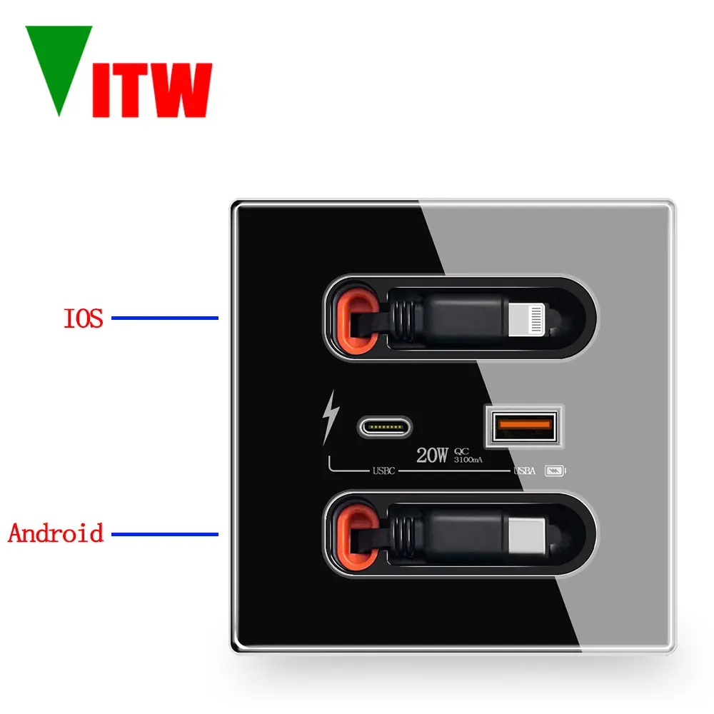 เต้ารับ USB แบบยืดหดได้พร้อมสายชาร์จ, เต้ารับ USB ติดผนังแบบ Type-C, 5V, 3100MA, พอร์ต USBA + USBC, ชาร์จเร็ว 20W 1