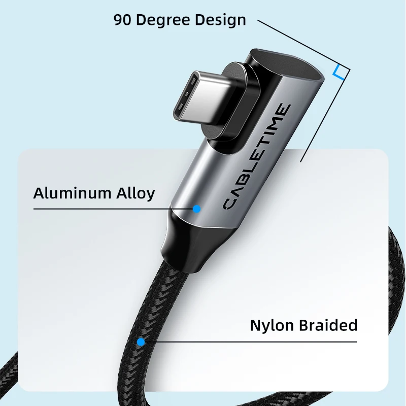 CABLETIME 아이폰 16 맥북 프로 아이패드용 비디오 고속 충전 USB 3.2 2 세대, 20Gbps, 90 도 PD 100W, 4K, 60Hz