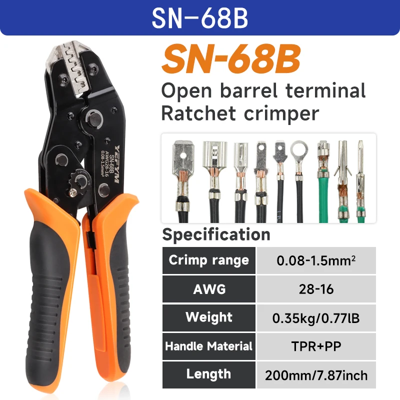 כלי כריפה SN-68B Crimps Plug JST,TE,XH,SM,VH,PH,Molex Terminals Ratchet Crimper Pliers עבור חוטים בגודל 0.08-1.5mm2 (28-16 AWG)