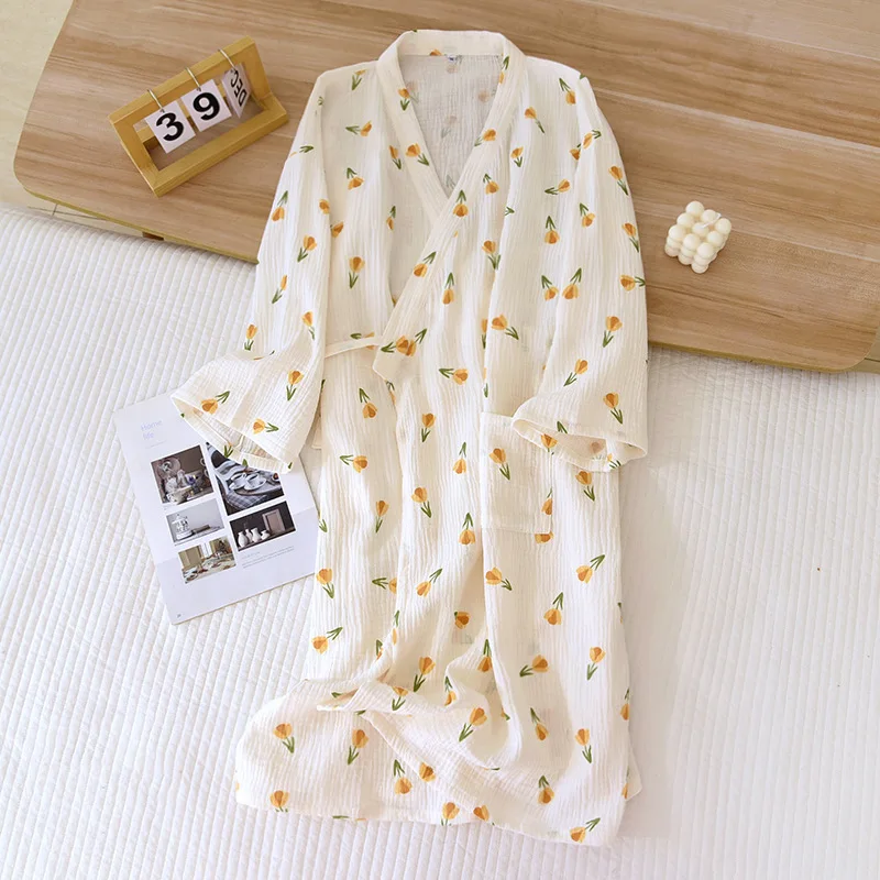 Japanese Style Kimono Spring Summer New 100% Cotton Crepe Ladies Thin Nightgown Women Bathrobe Robe Home Service Pajamas