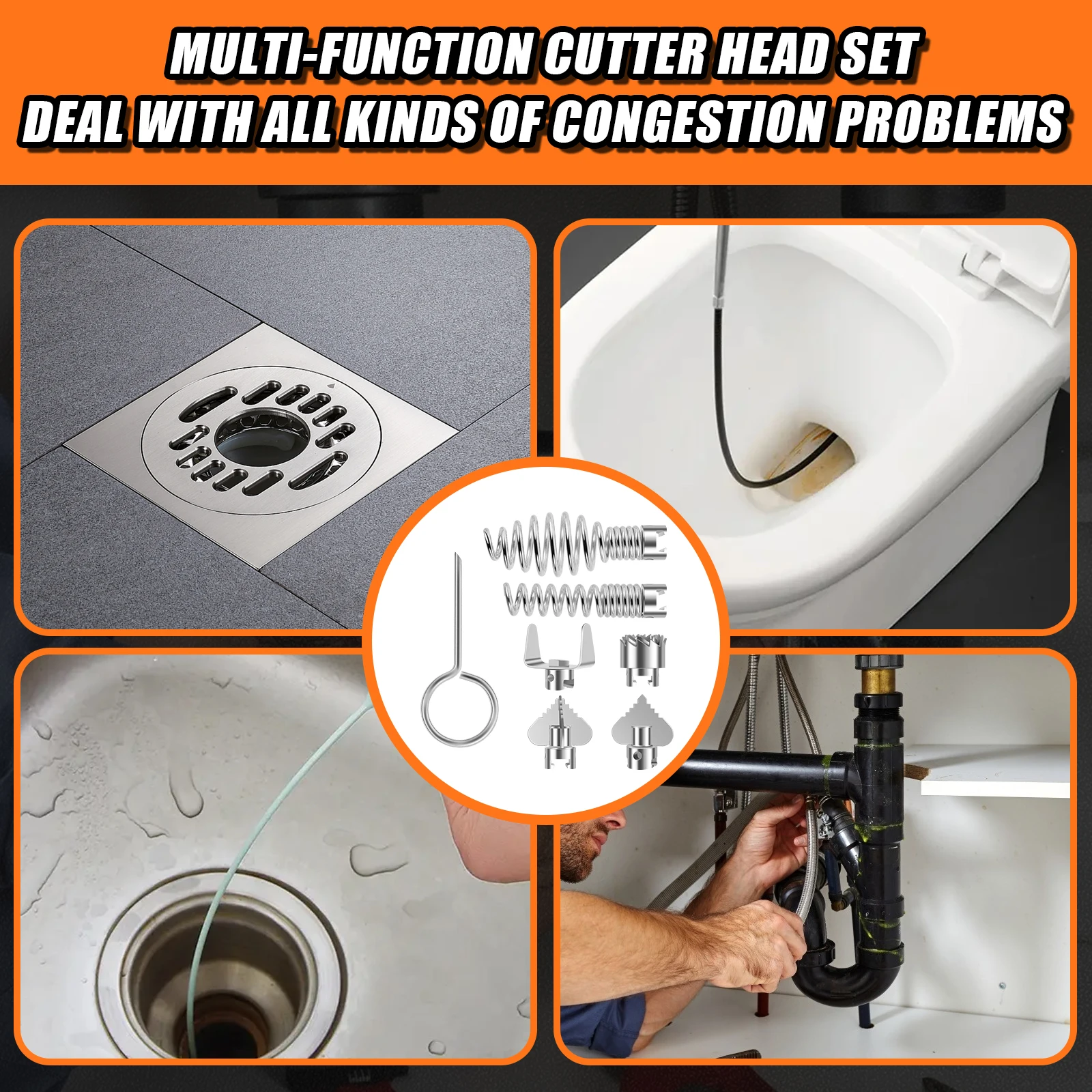 14Pcs Drain Cleaner Combination Cutter Head Set Manganese Steel Pipe Dredge Cutter Head Set Rustproof Spring Automatic Locking