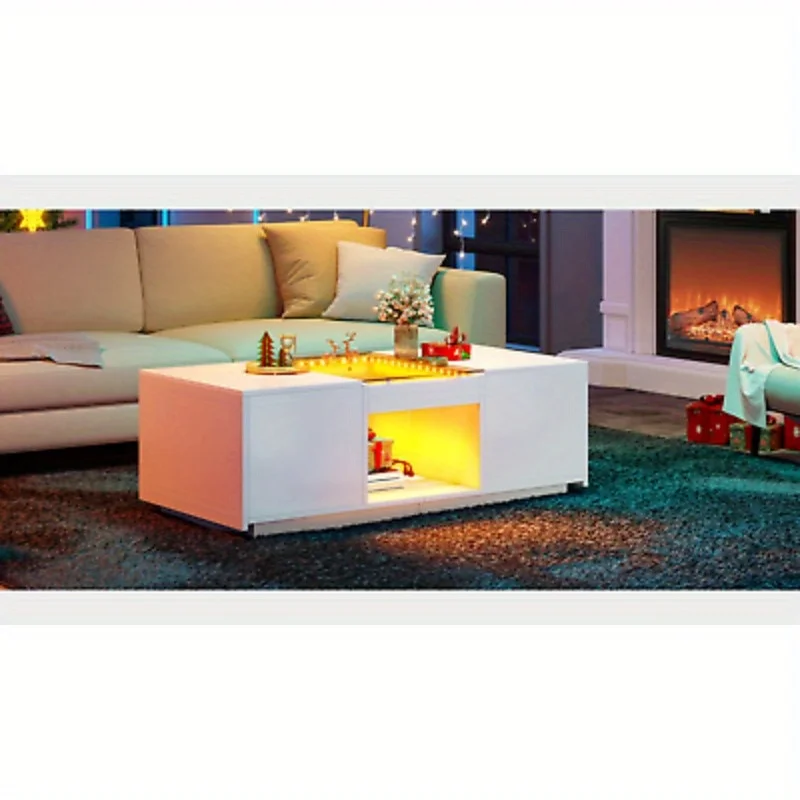 Modern LED Coffee Table with Power Outlets White 2 Drawers Living Room Table