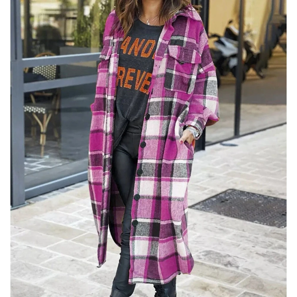 

Wepbel Long Shirt Outwear Women Long Sleeve Lapel Slim Side Slit Plaid Shirt Coats Autumn Casual Single-breasted Outwear Coats