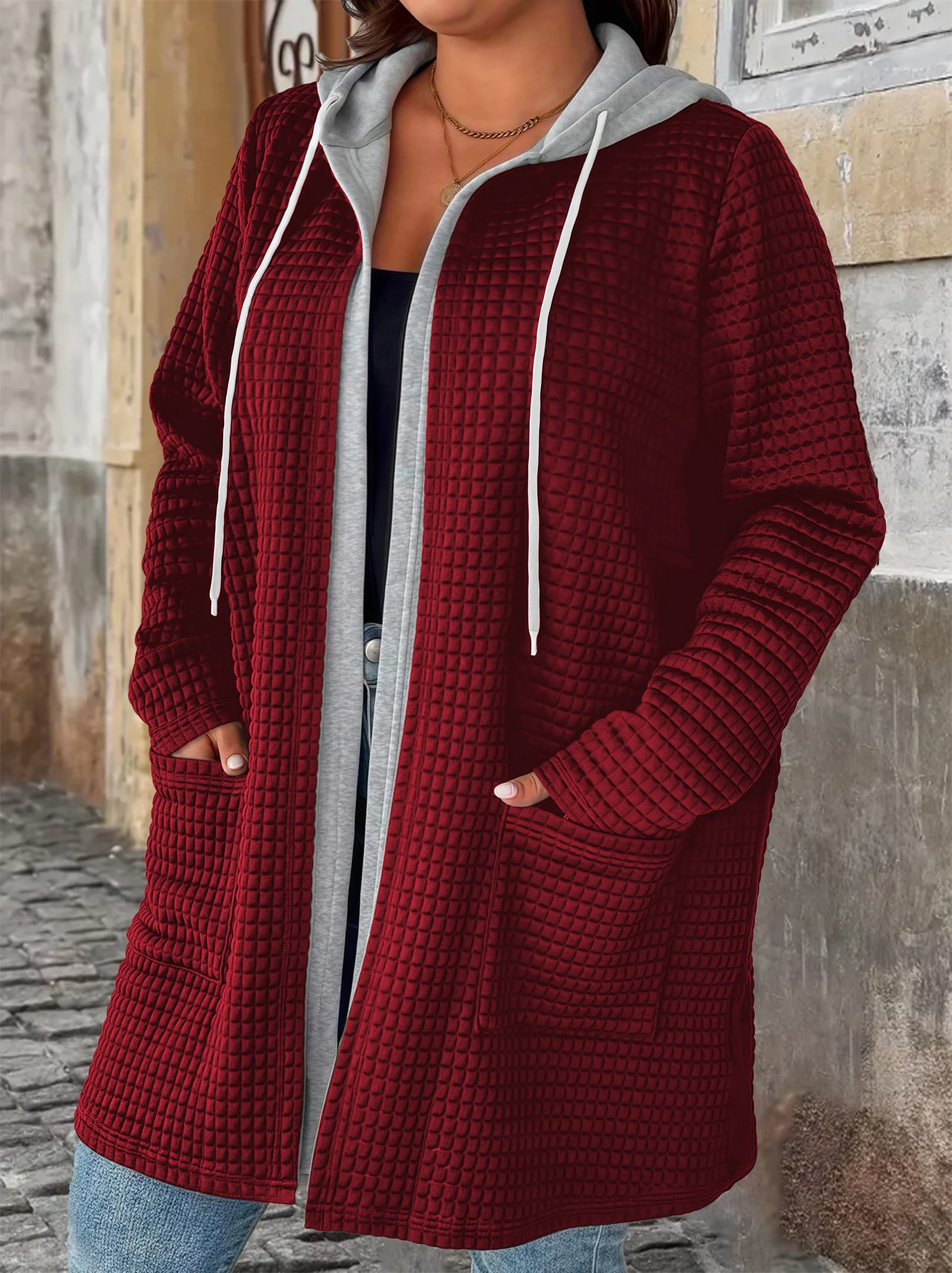 Plus Size Fake Two-Piece Hooded Cardigan with Pockets & Drawstring, Long Chic Fall/Winter Women's Coat 3