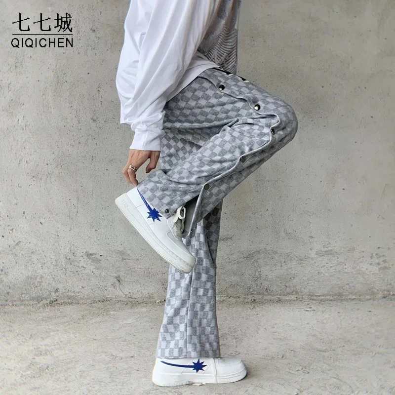 qiqichen Plaid Straight Jogging Pants Men Side-breasted Design Streetwear Hip Hop Sweatpants Loose Casual