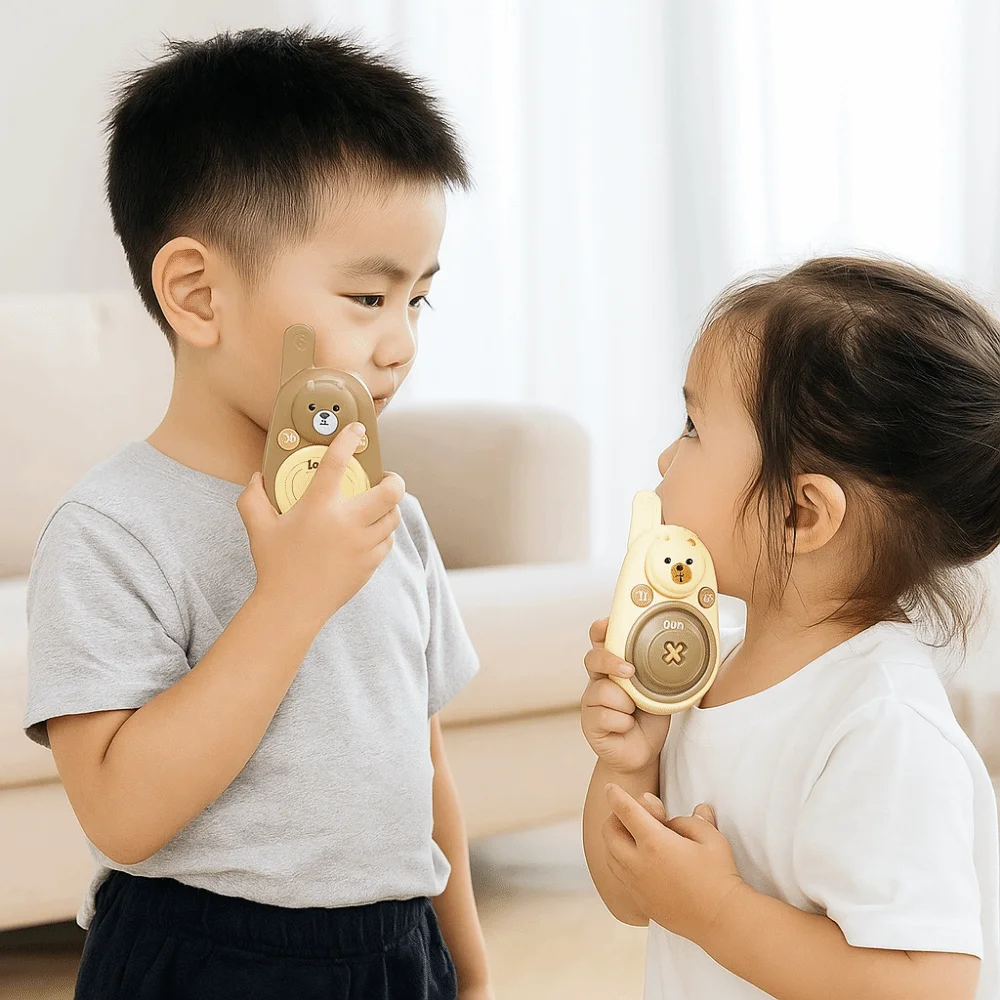 1 Pair Lovely Bear Walkie Talkies Long Range One Click Call Cartoon Bear Walkie Talkies Wearable Lanyard