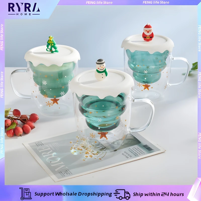 

250ml Christmas Tree Water Cup With Lid Double Wall Glass Coffee Mugs Heat Insulated Couple Cups For Bar Tea Milk Juice Espresso