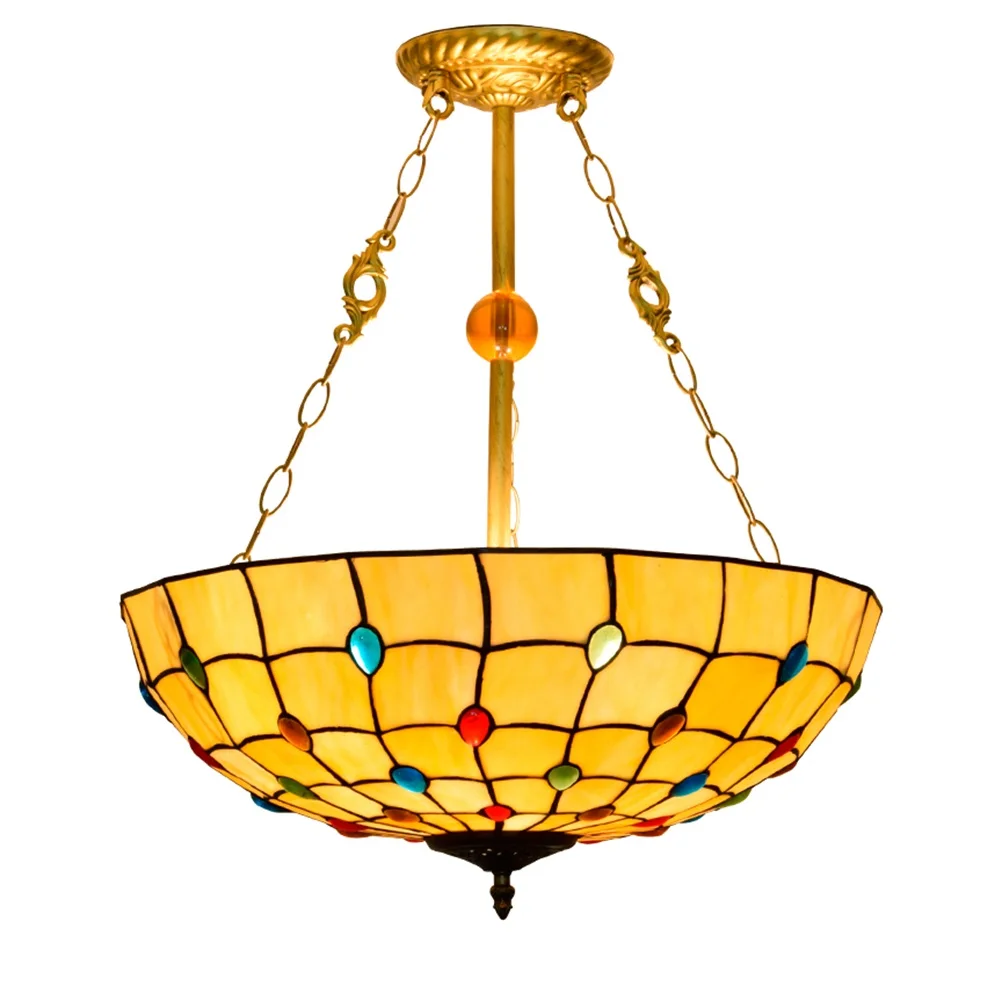 

Stained glass chandelier European Retro Color Beads Warm Yellow Creative pendent lamp Tiffany Color Glass Living Room Dining