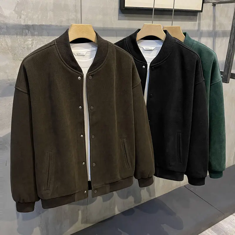 Description Picture 3 of item2024 New Retro Casual Baseball Coat Men's Solid Color Simple Long Sleeved Warm Jacket Top Trendy Spring Autumn and Winter Wear