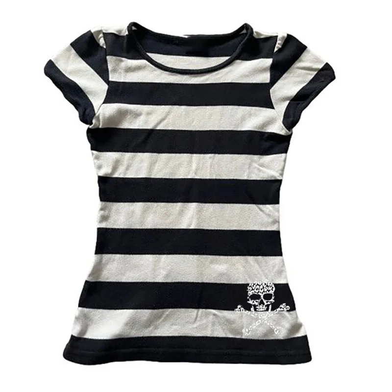 Summer Short Sleeve Stripes Women Y2K T-shirt Casual O-Neck Fashion Harajuku Graphic Print Aesthetics Top Punk Streetwear 1