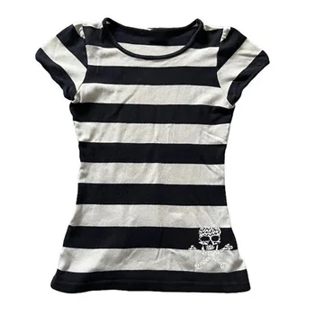 Summer Short Sleeve Stripes Women Y2K T-shirt Casual O-Neck Fashion Harajuku Graphic Print Aesthetics Top Punk Streetwear 1