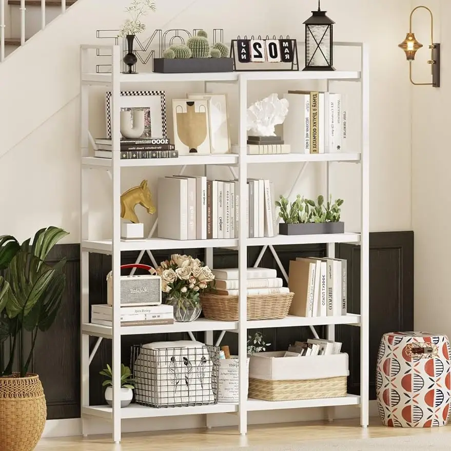 

FATORRI Bookcase, Modern 5 Tier, Wood Etagere Bookshelf, Metal Tall Book Shelf with Large Open Shelving Unit (White Oak, 51 )